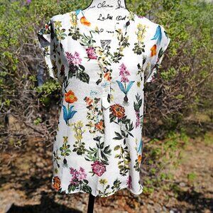 Pleione White Floral Print Short Sleeve Blouse